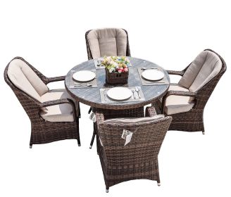 Direct Wicker Outdoor Patio 5-Piece All Weather PE Rattan Dining Set with Cushions (Color: Brown)